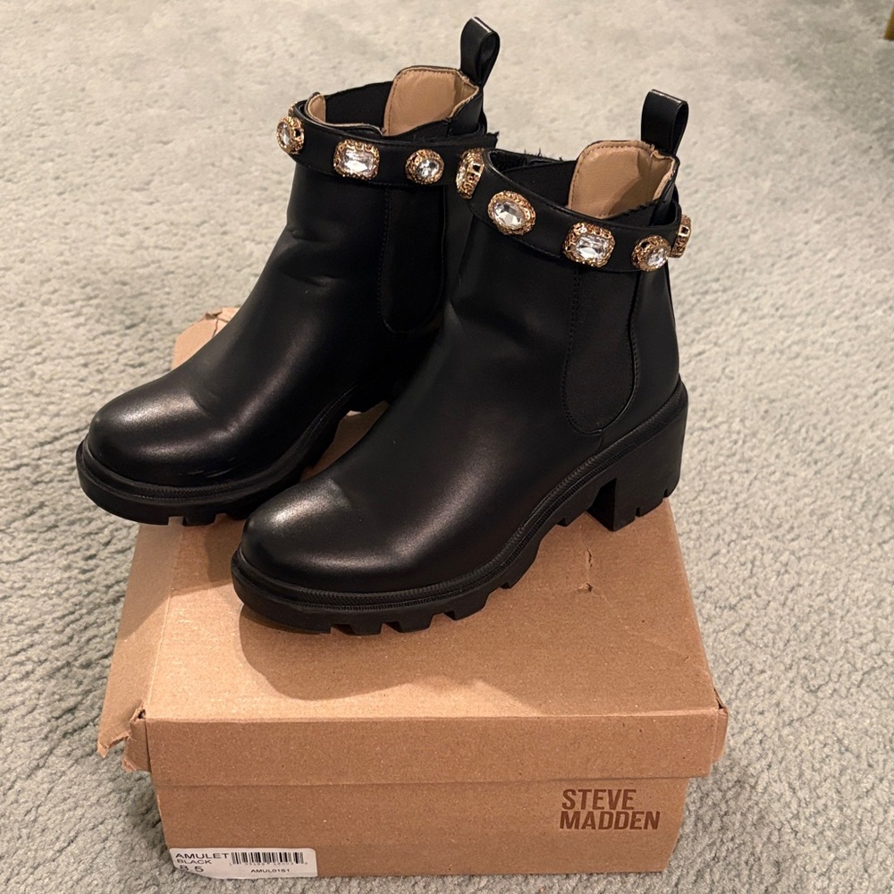 Steve Madden Black Ankle Boots with Jewel Accents